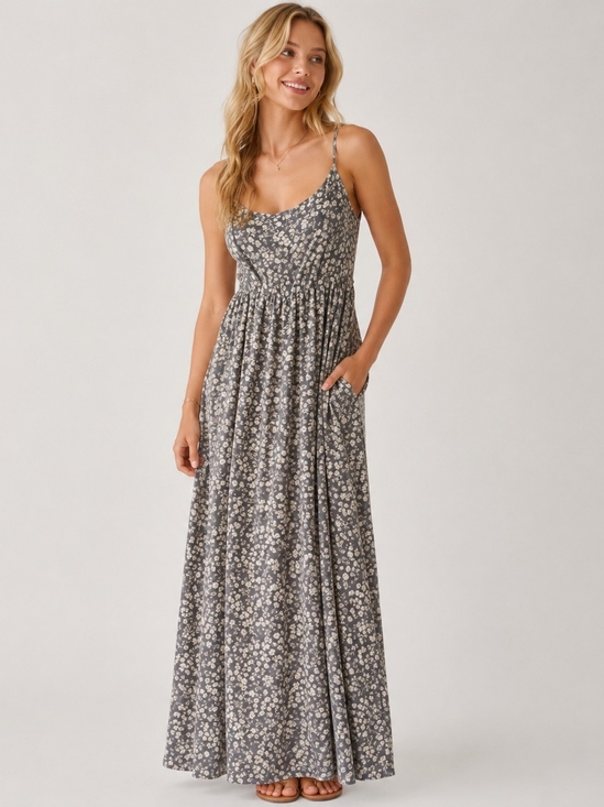Final Touch Dresses & Skirts - Final Touch Grey Floral Spaghetti-Strap Maxi Dress